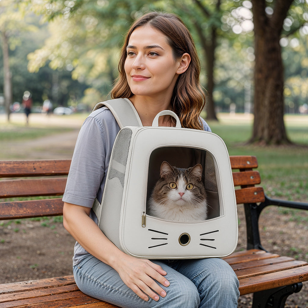 Furvo WhiskerView™ Cat Backpack – Cute Whisker Design Pet Carrier with Clear Window & Breathable Mesh Sides